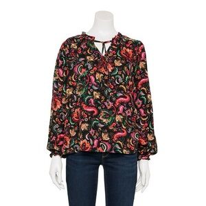Croft & Barrow Vibrant Paisley Long Sleeve Blouse Tiered Textured - Size PS